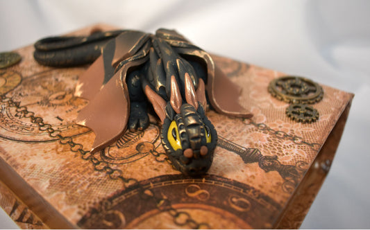 Polymer Clay Black Dragon on Altered Paper Mache Box - 1-110