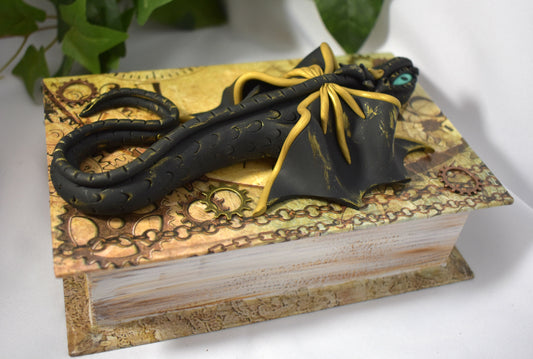 Polymer Clay Black and Gold Dragon on Altered Paper Mache Box - 1-117