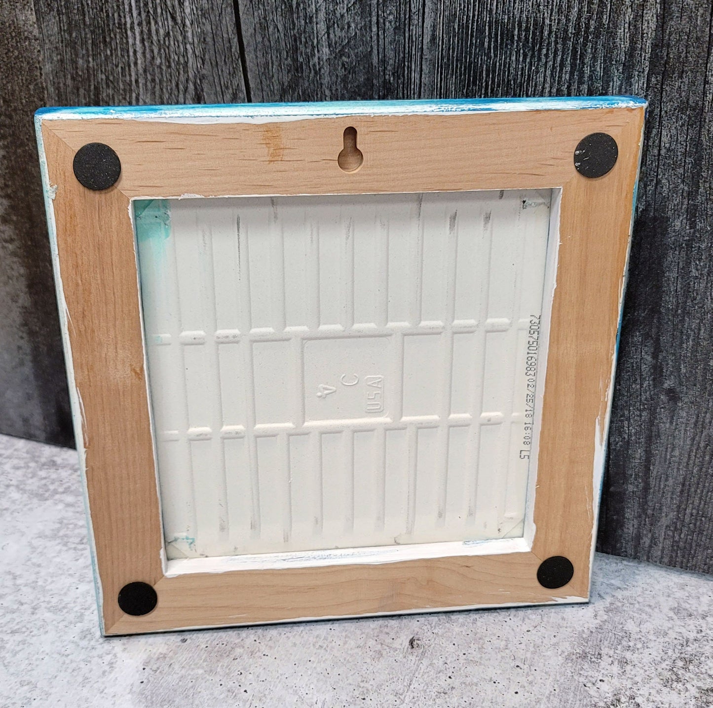 Hand Decorated Framed Ceramic Tile Art - Blue Flower Wreath