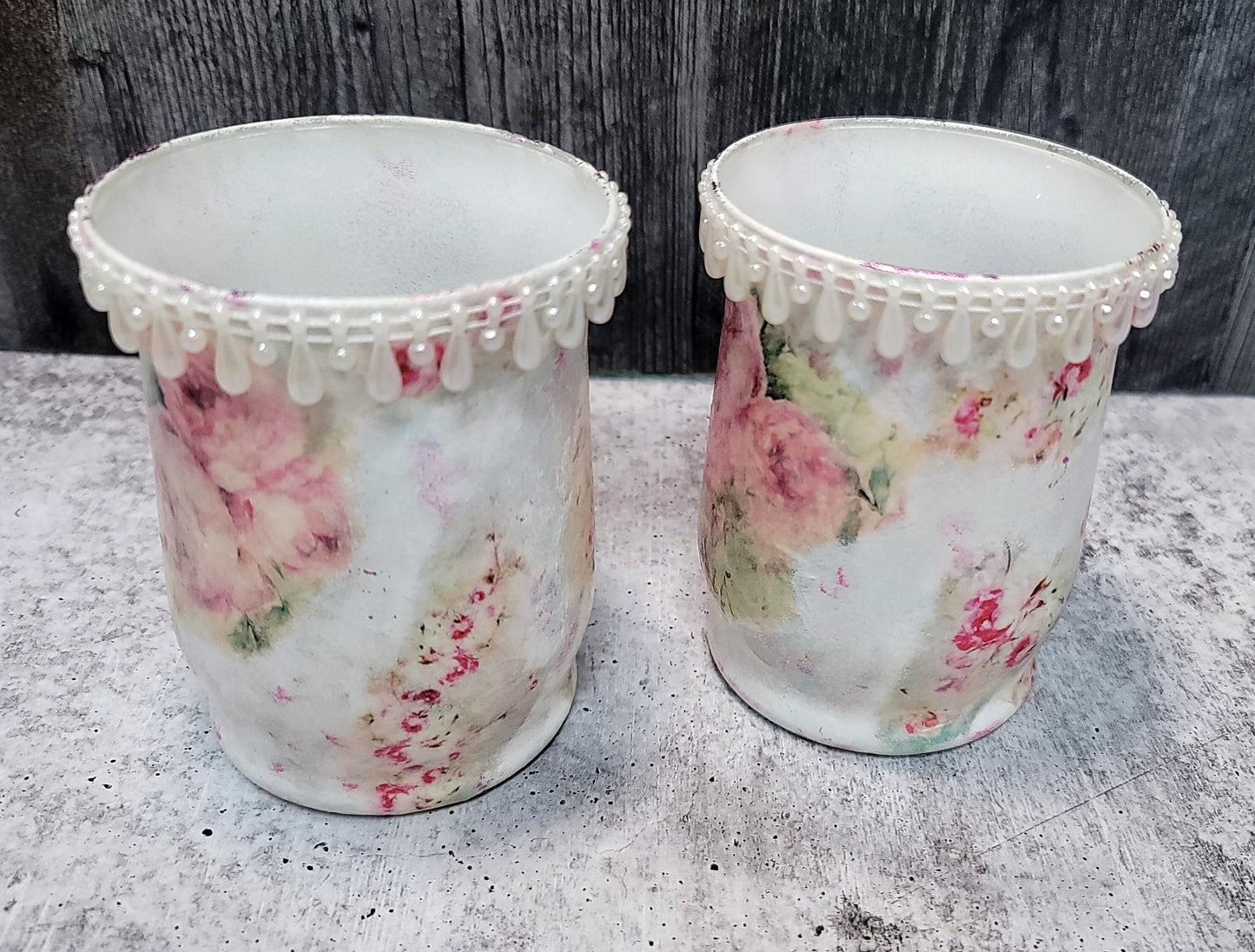 Hand Decorated Mixed Media Candle Holder - Pink Roses