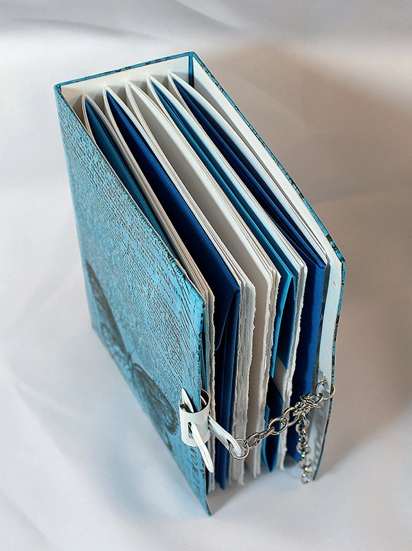 Handmade Teal Blue Mixed Media Journal with Pockets