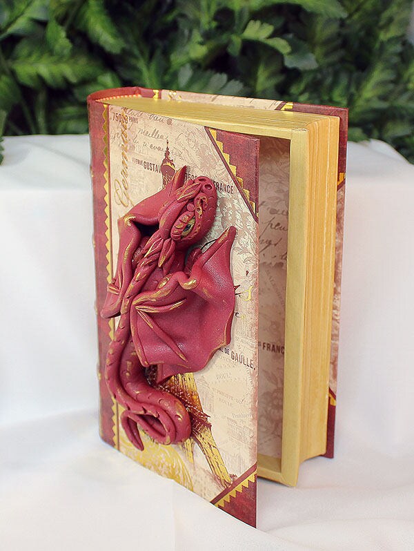 Handmade Burgundy Dragon on Hollow Book