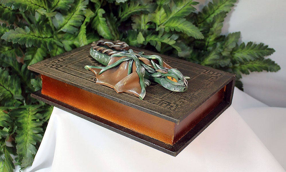 Handmade Green and Brown Dragon on Hollow Book