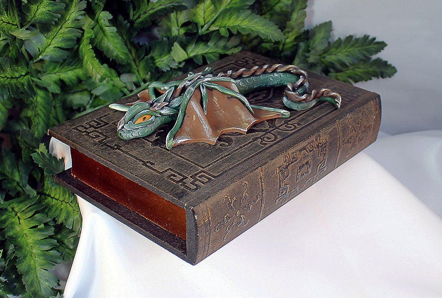 Handmade Green and Brown Dragon on Hollow Book