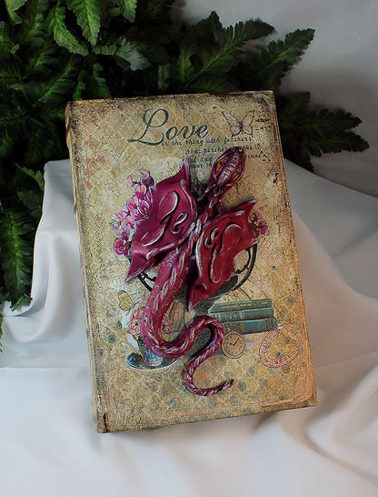 Polymer Clay Pink Dragon on a Storage Book - 1-075
