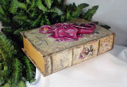 Polymer Clay Pink Dragon on a Storage Book - 1-075