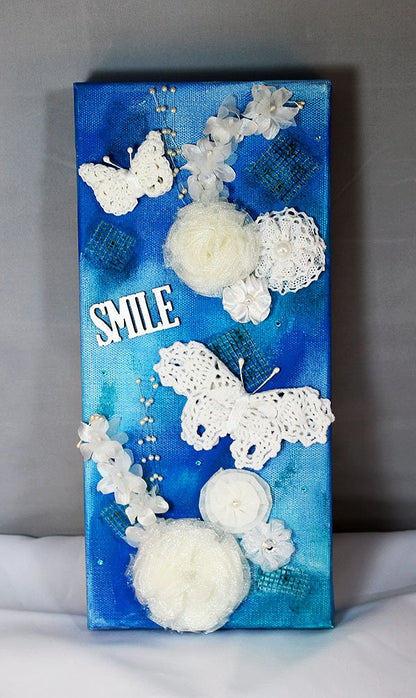 Handmade Mixed Media Canvas - Butterfly on Blue
