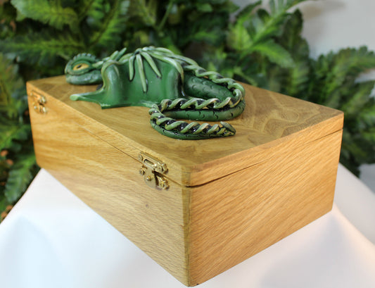 Polymer Clay Green Dragon on Natural Wood Box - 1-088