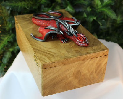 Polymer Clay Red and Black Dragon on Natural Wood Box - 1-089