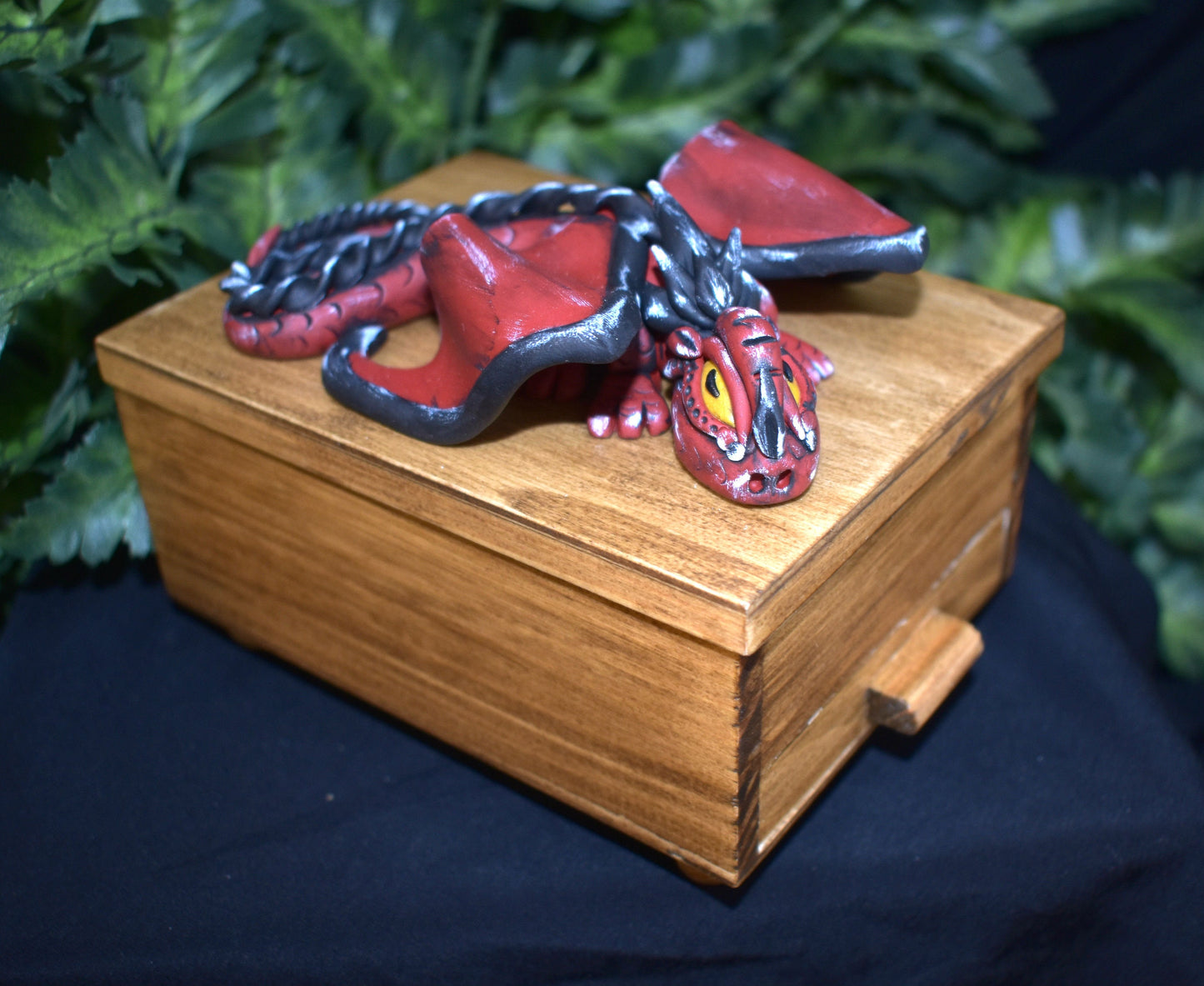 Handmade Black and Red Dragon on Wood Jewelry Box