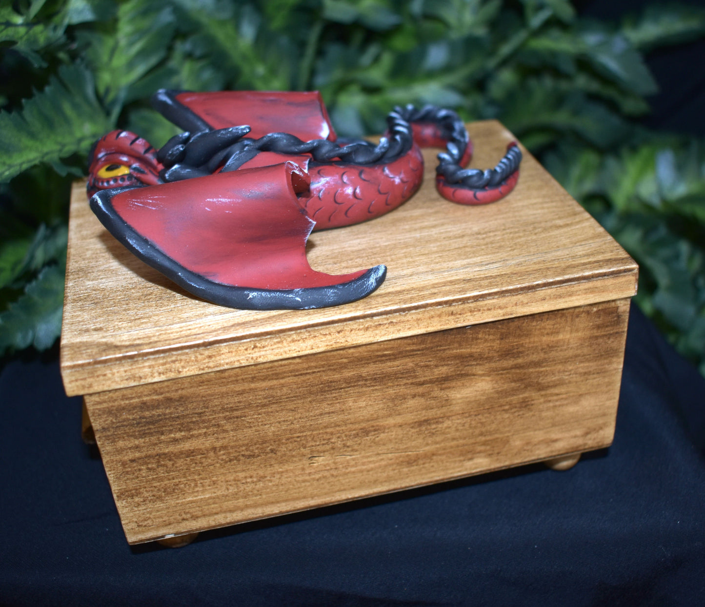 Handmade Black and Red Dragon on Wood Jewelry Box