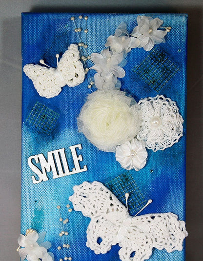 Handmade Mixed Media Canvas - Butterfly on Blue