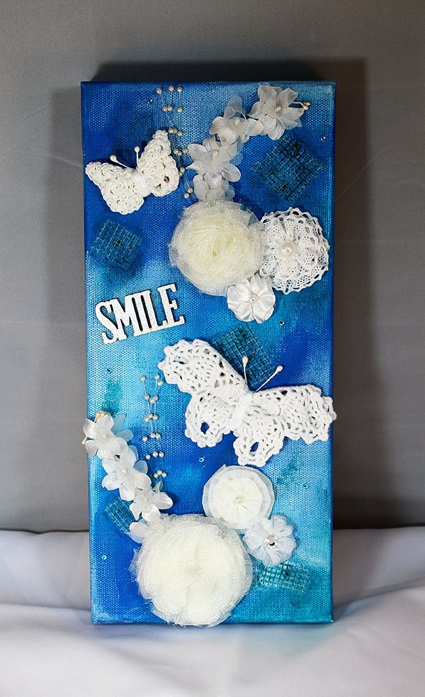 Handmade Mixed Media Canvas - Butterfly on Blue