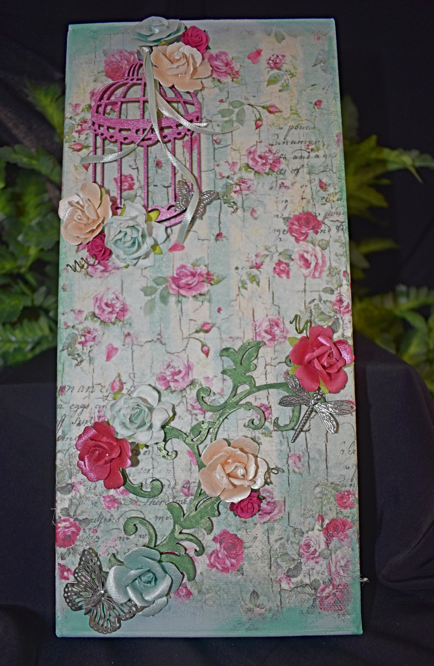 Mixed Media Handmade Canvas - Small Roses and Writings - 11-014