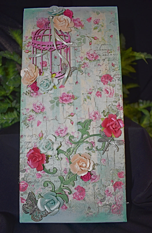 Mixed Media Handmade Canvas - Small Roses and Writings - 11-014