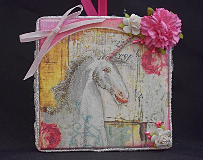 3" x 3" Rice Paper Mixed Media Unicorn Canvas - 11-009