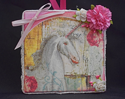 3" x 3" Rice Paper Mixed Media Unicorn Canvas - 11-009