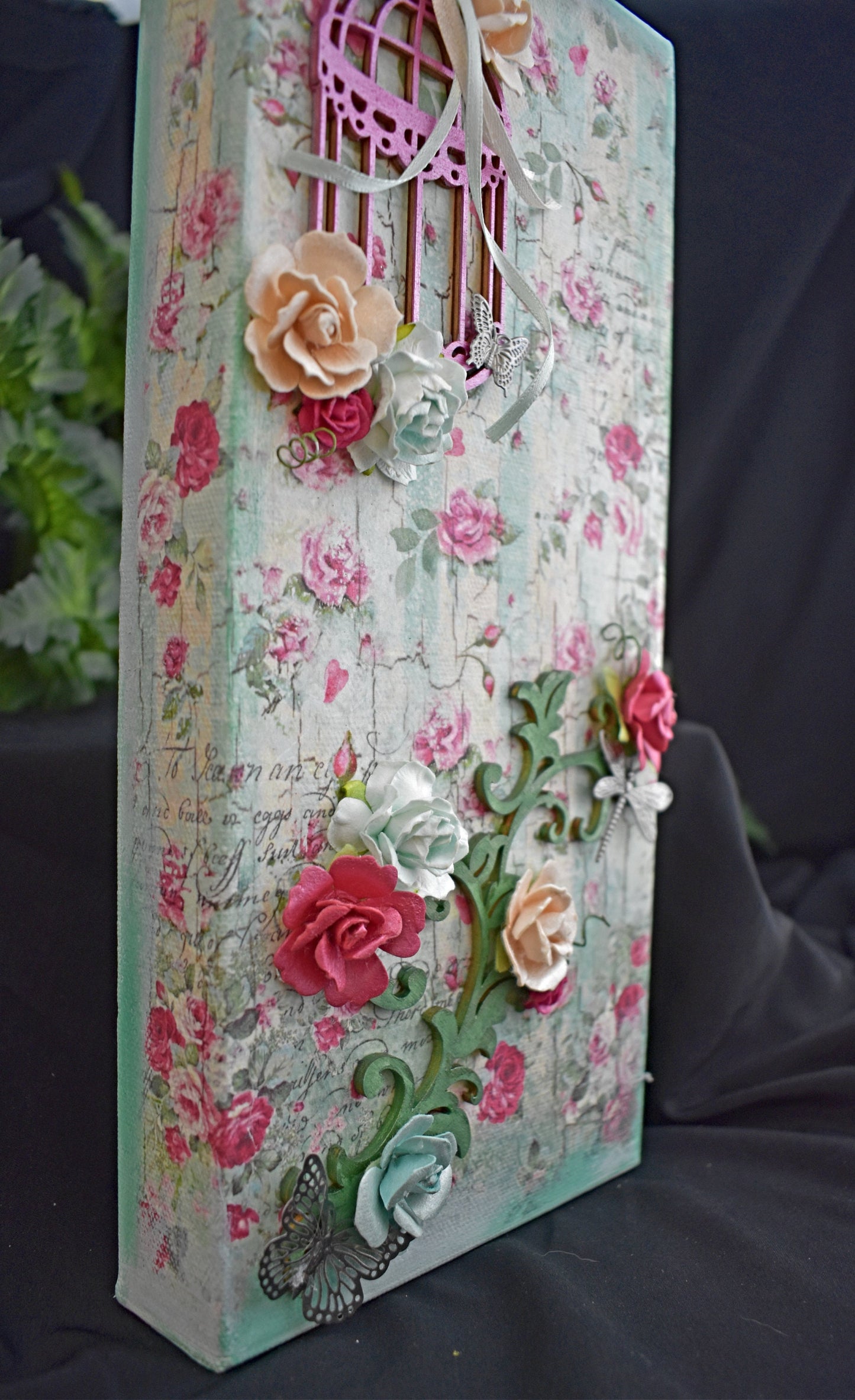 Mixed Media Handmade Canvas - Small Roses and Writings - 11-014