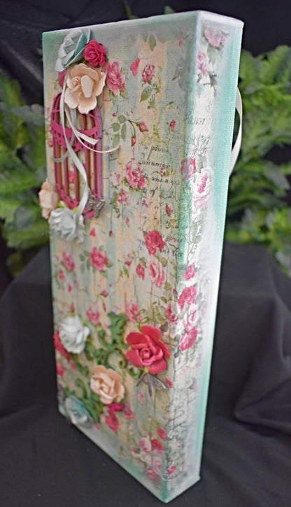 Mixed Media Handmade Canvas - Small Roses and Writings - 11-014