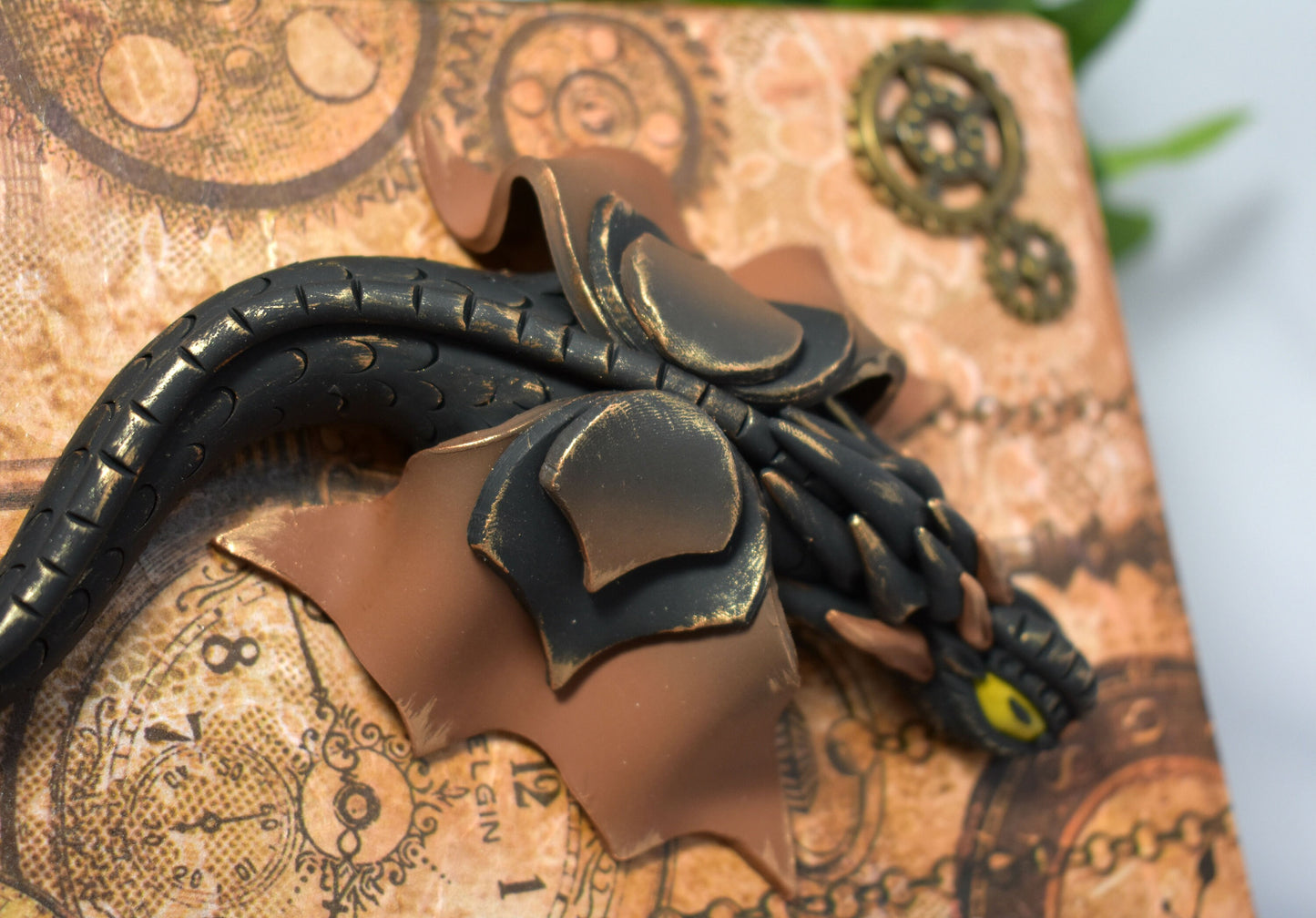 Polymer Clay Black Dragon on Altered Paper Mache Box - 1-110