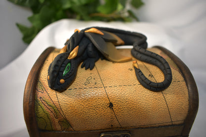 Polymer Clay Black and Gold Dragon on Map Chest - 1-112