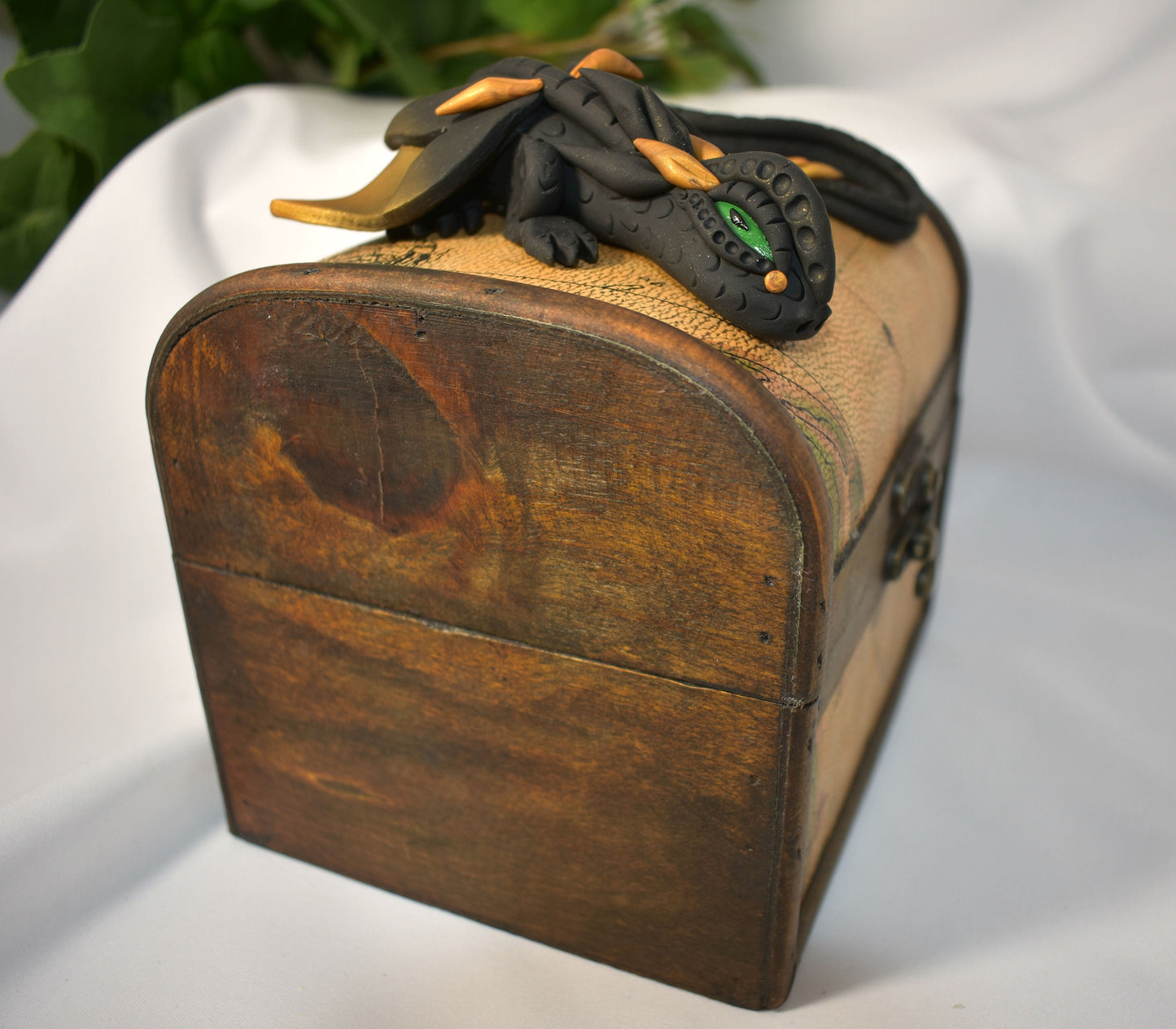 Polymer Clay Black and Gold Dragon on Map Chest - 1-112