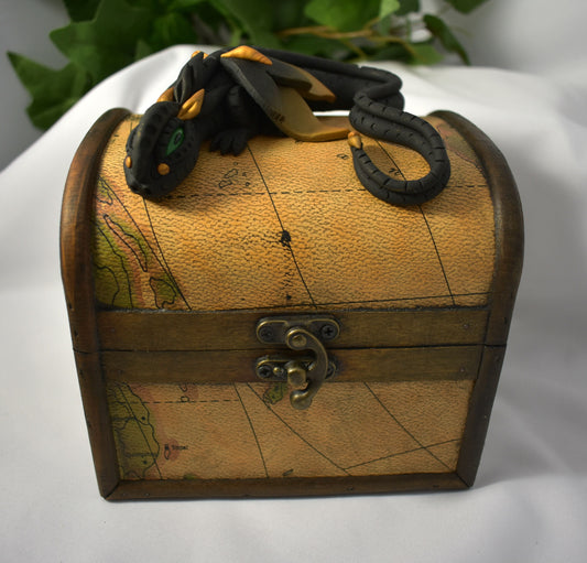 Polymer Clay Black and Gold Dragon on Map Chest - 1-112