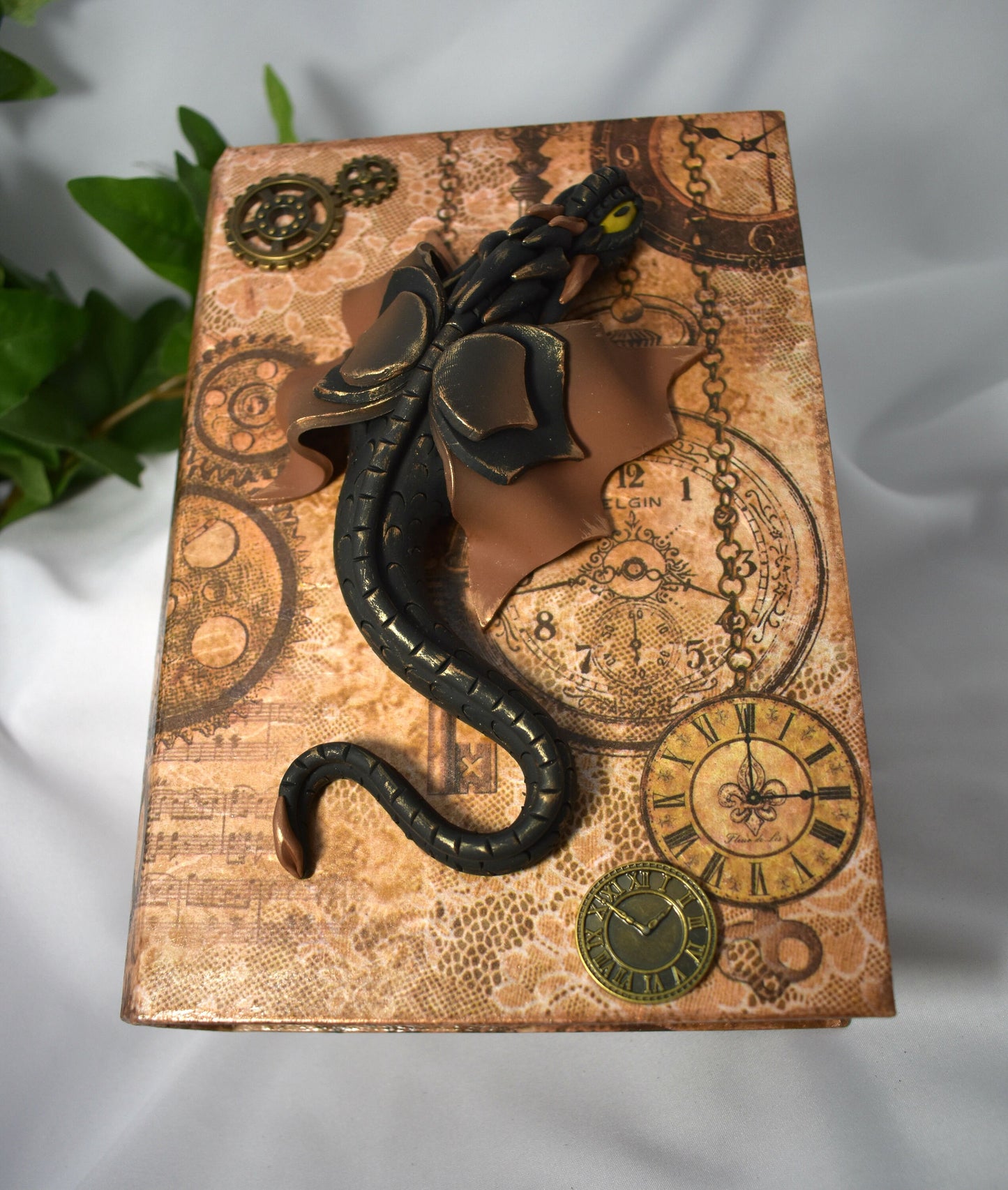 Polymer Clay Black Dragon on Altered Paper Mache Box - 1-110