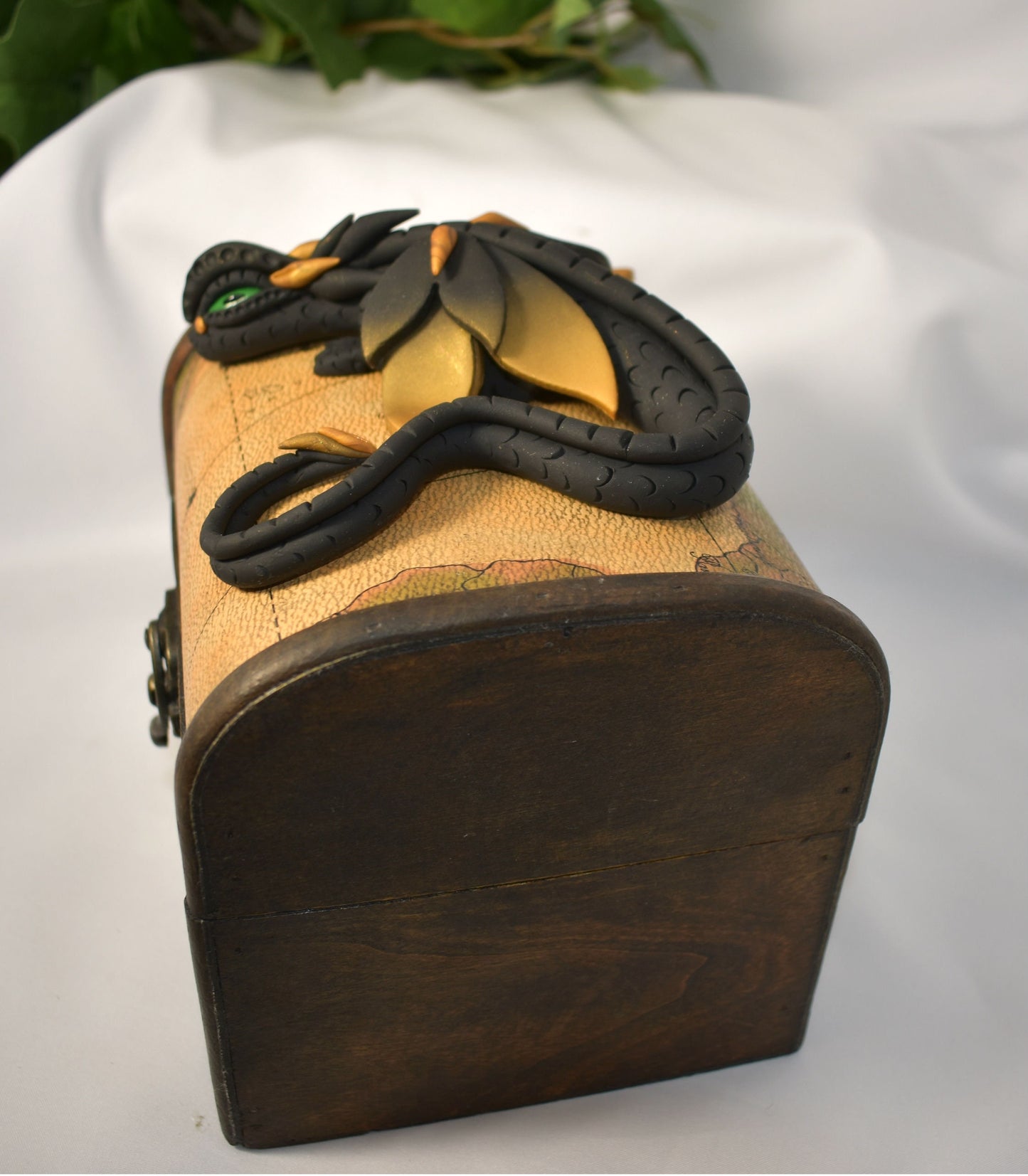 Polymer Clay Black and Gold Dragon on Map Chest - 1-112