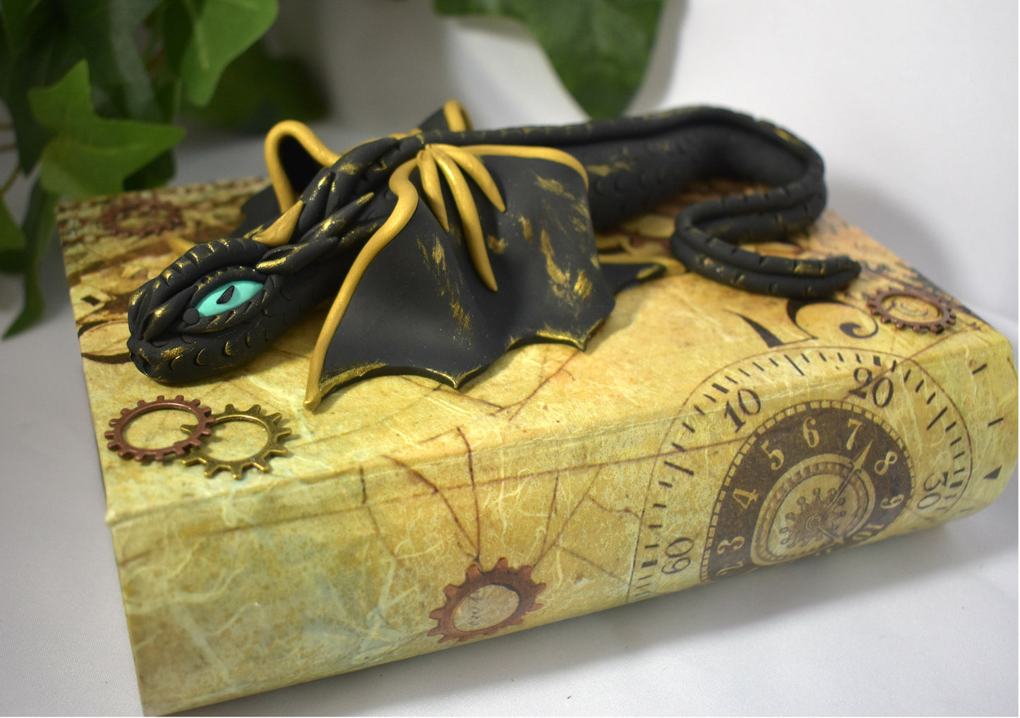 Polymer Clay Black and Gold Dragon on Altered Paper Mache Box - 1-117