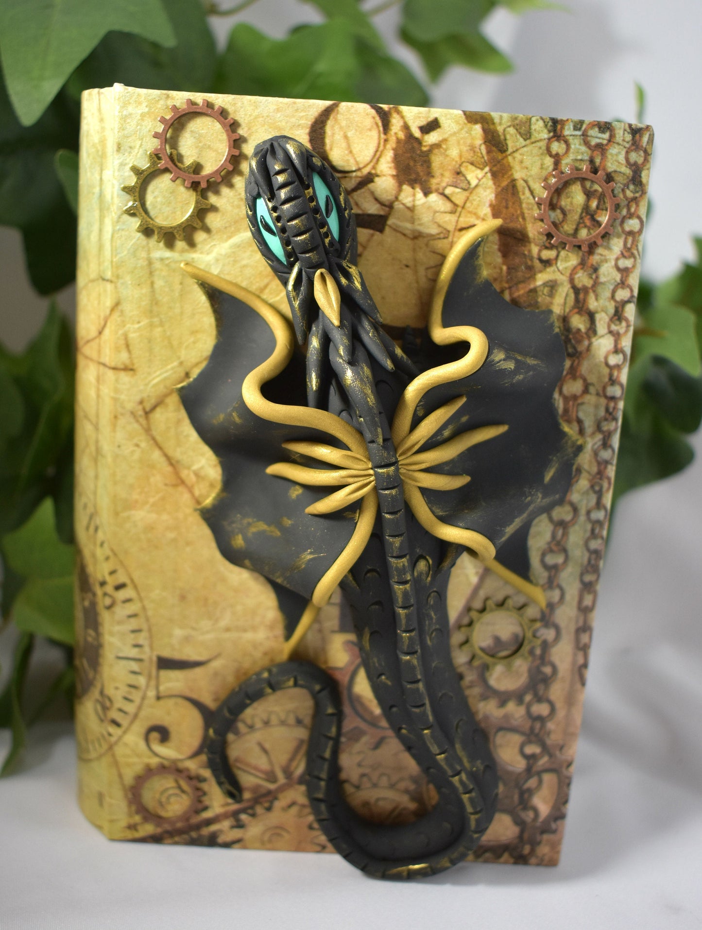 Polymer Clay Black and Gold Dragon on Altered Paper Mache Box - 1-117