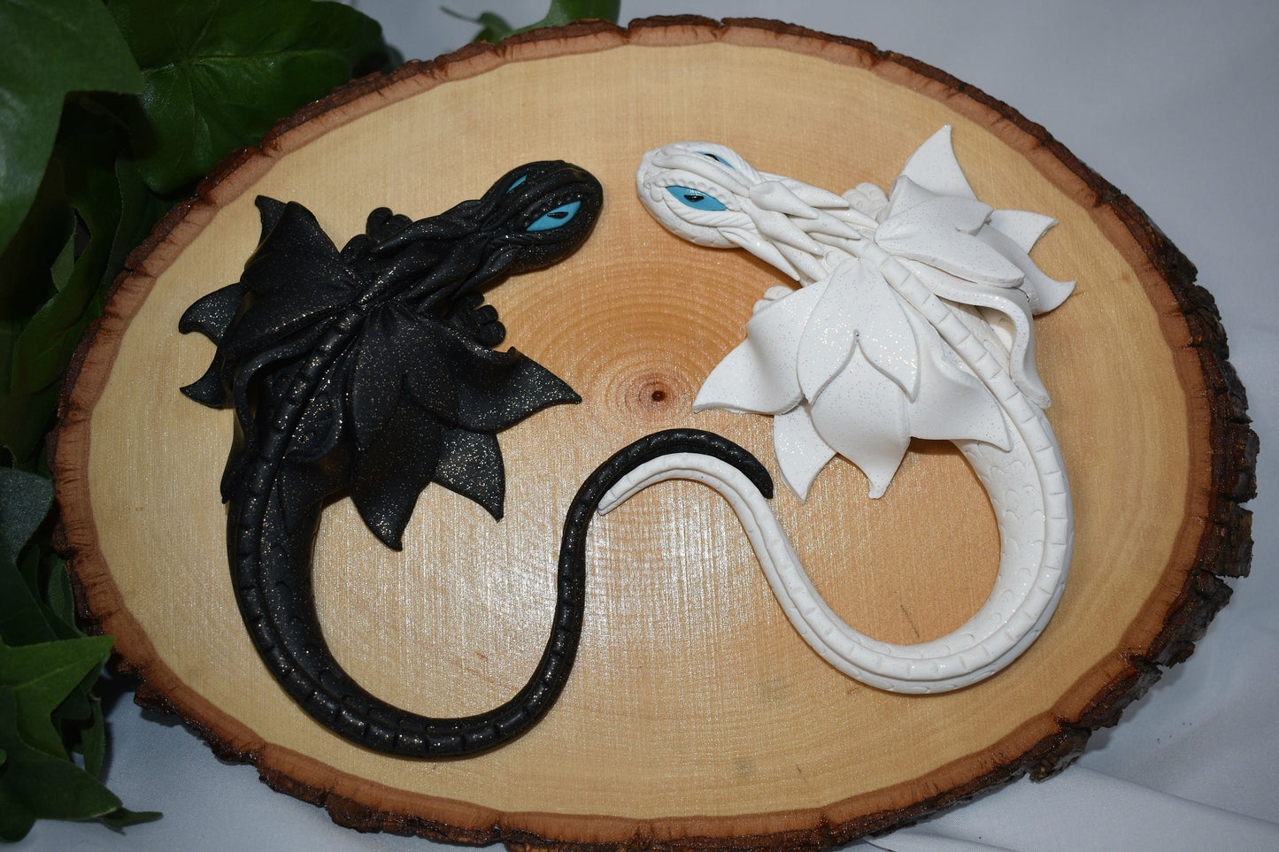 Handmade White and Black Dragon Pair on Wood