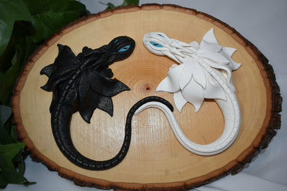 Handmade White and Black Dragon Pair on Wood