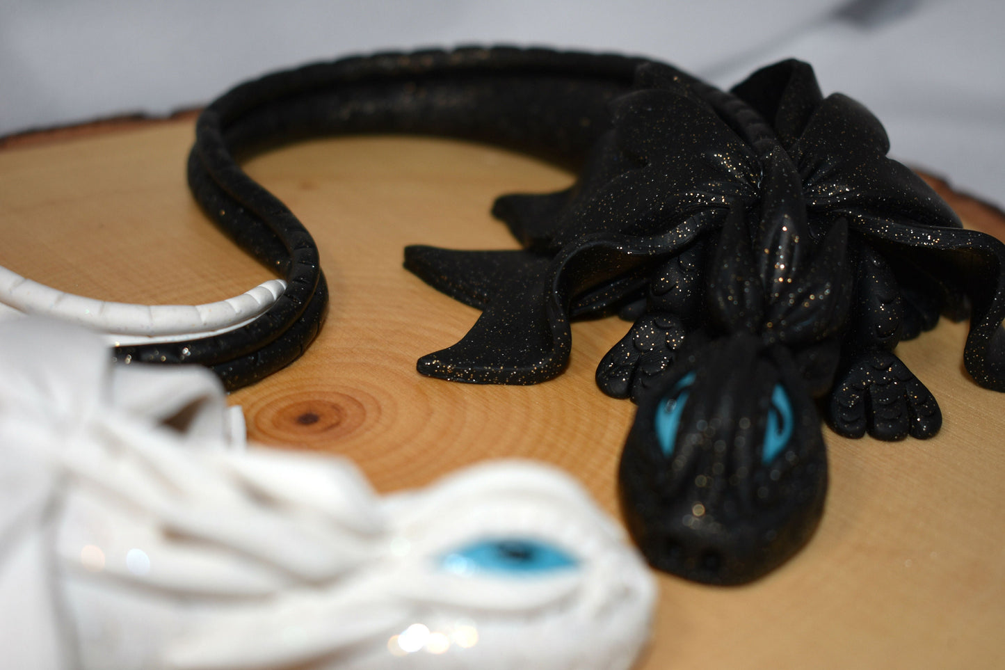Handmade White and Black Dragon Pair on Wood