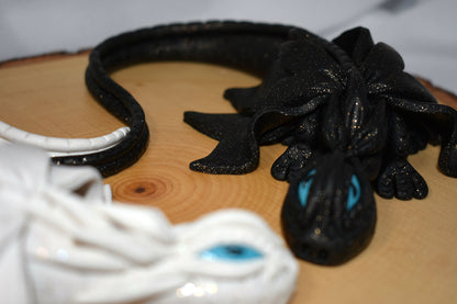 Handmade White and Black Dragon Pair on Wood
