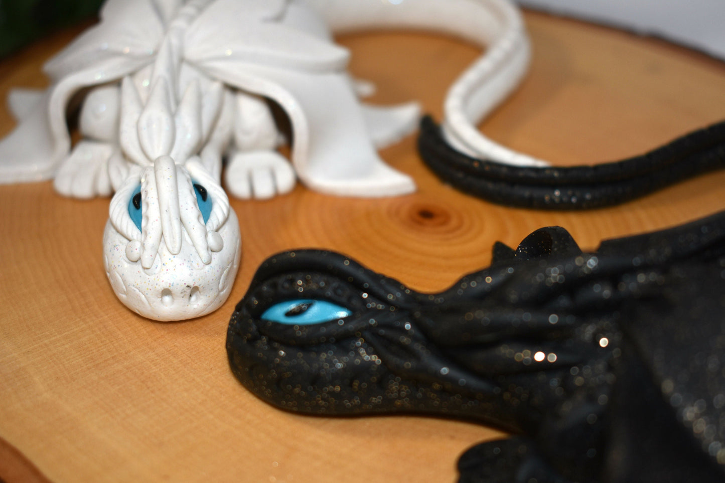 Handmade White and Black Dragon Pair on Wood