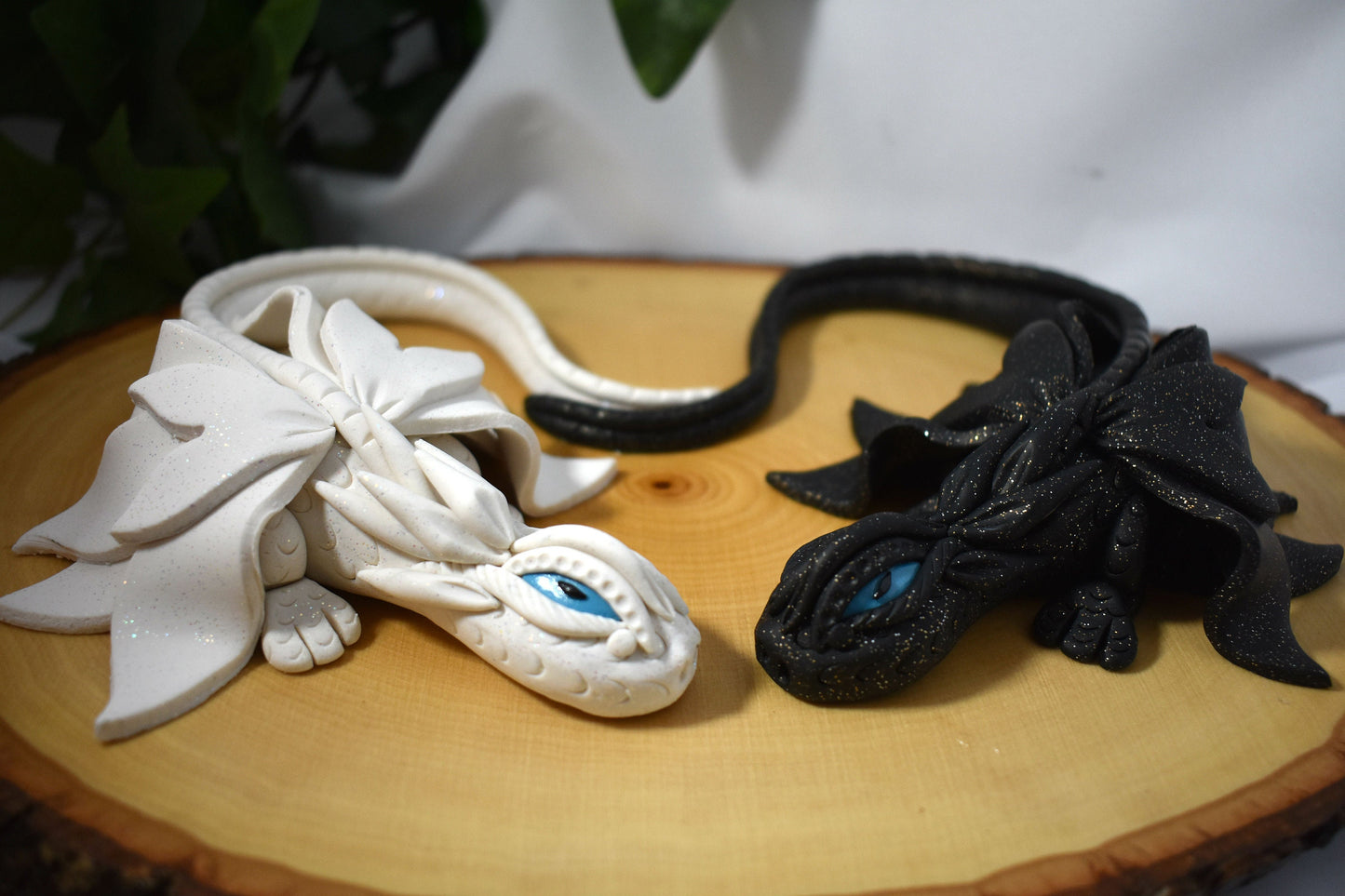 Handmade White and Black Dragon Pair on Wood