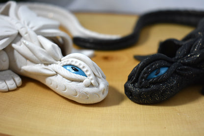 Handmade White and Black Dragon Pair on Wood