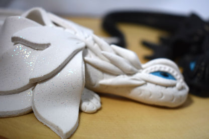 Handmade White and Black Dragon Pair on Wood