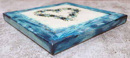 Hand Decorated Framed Ceramic Tile Art -  Blue Flower Wreath