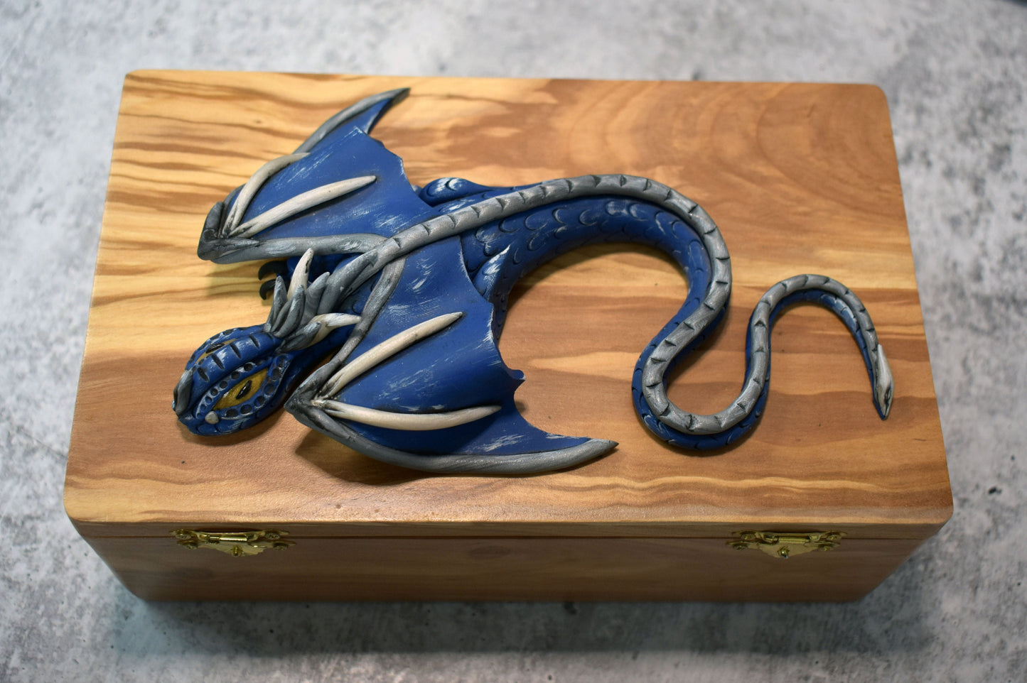Polymer Clay Blue Dragon on Apple Wood Box - 1-091