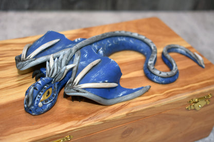 Polymer Clay Blue Dragon on Apple Wood Box - 1-091