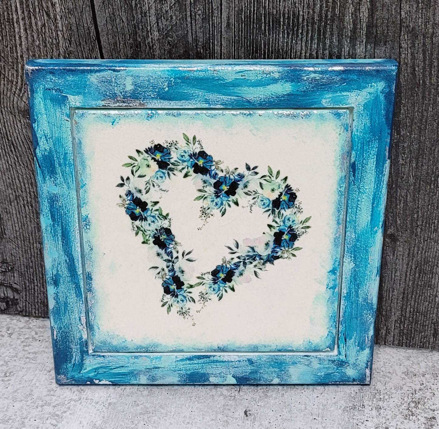 Hand Decorated Framed Ceramic Tile Art -  Blue Flower Wreath