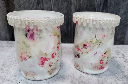 Hand Decorated Mixed Media Candle Holder - Pink Roses