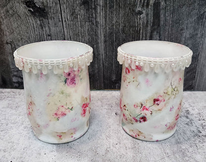 Hand Decorated Mixed Media Candle Holder - Pink Roses