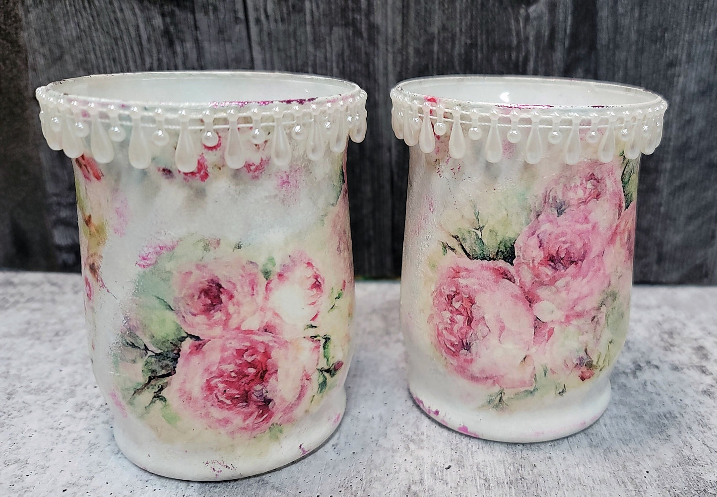 Hand Decorated Mixed Media Candle Holder - Pink Roses