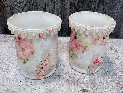 Hand Decorated Mixed Media Candle Holder - Pink Roses